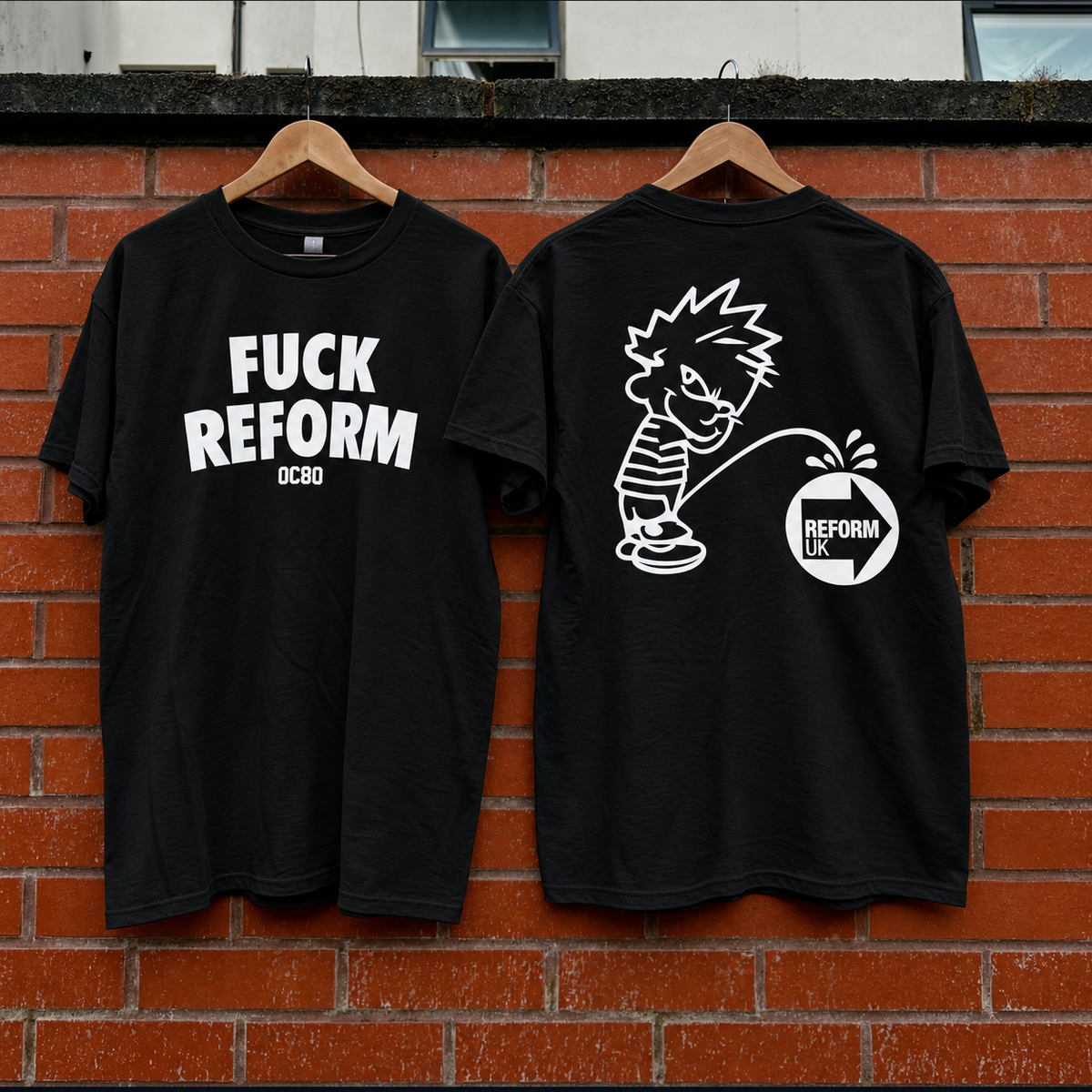 OC80 Fuck Reform black T-shirt — front and back white screenprint mock-up