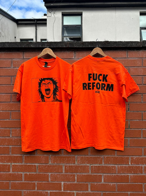Orange OC80 T-shirt shown front and back: screaming-face illustration on the front and FUCK REFORM lettering with an OC80 logo on the back.