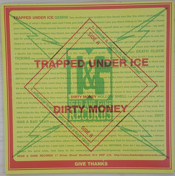 Trapped Under Ice / Dirty Money split 7-inch back cover artwork